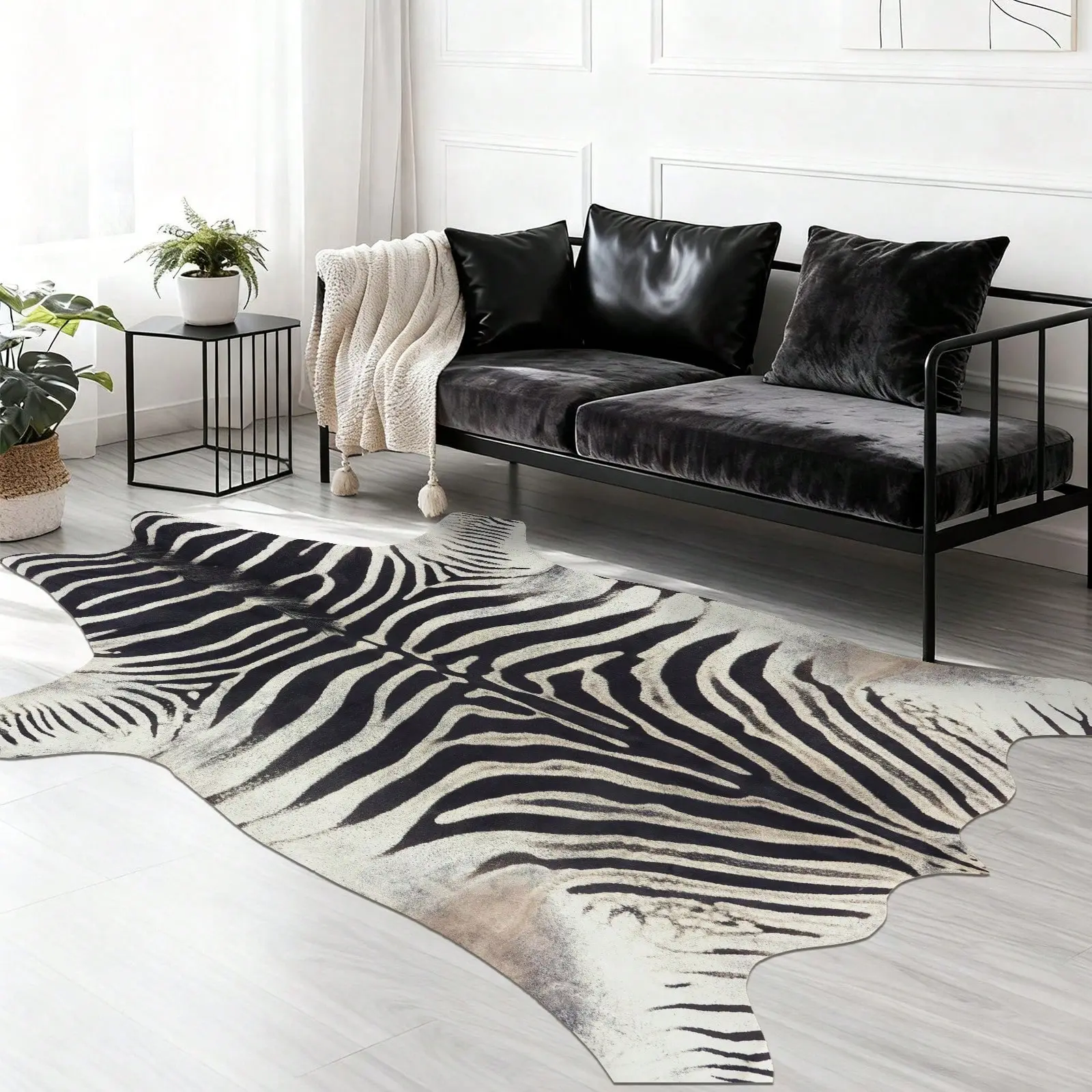 Zebra Print Area Rug, Animal Design Faux Fur Rug, Soft Cowhide Carpet for Living Room Bedroom Modern Black and White Home Decor, Non-Slip   Low Pile Rug