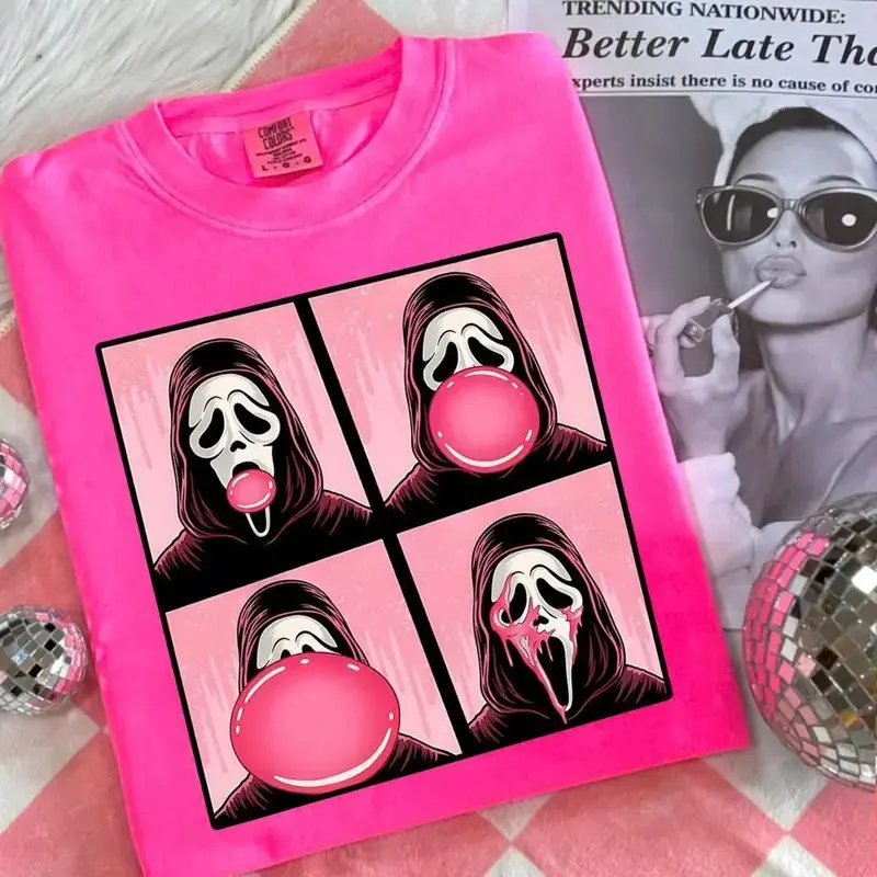 PINK Ghostface Comfort Colors Tee, Halloween Neon Comfort Color Tee, Halloween Viral Character Shirts, Happy Tshirt