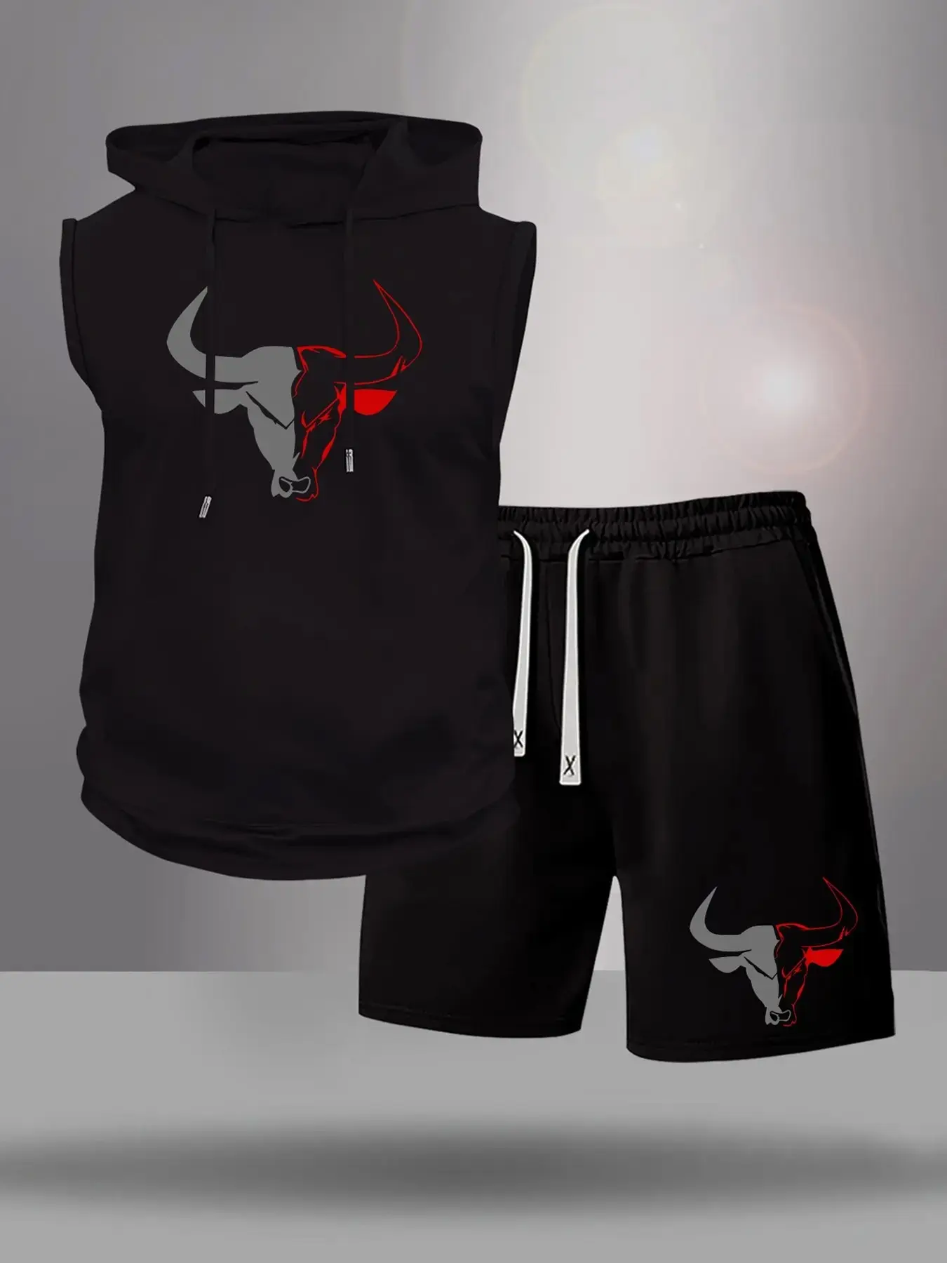 Summer Men's casual sports suit hooded sleeveless vest with drawstring shorts, Sporty Shorts Set, top kangaroo pocket design, knit fabric, suitable for outdoor activities summer two-piece set