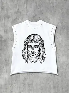 Men's Sleeveless Vest with Jesus Religious Graphic Print and Studs, Comfortable Fabric, Casual Streetwear for All Seasons