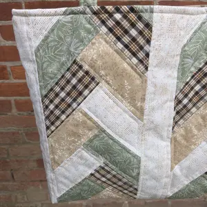 Green & Neutral Patchwork Tote Bag Handmade Quilted Chevron Design Large Shoulder Bag for Everyday Use
