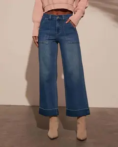 Women's High Waist Dark Wash Cargo Patch Pocket Cropped Wide Leg Jeans with Cuffed Hem, Retro Utility Ankle‑Length Denim Pants