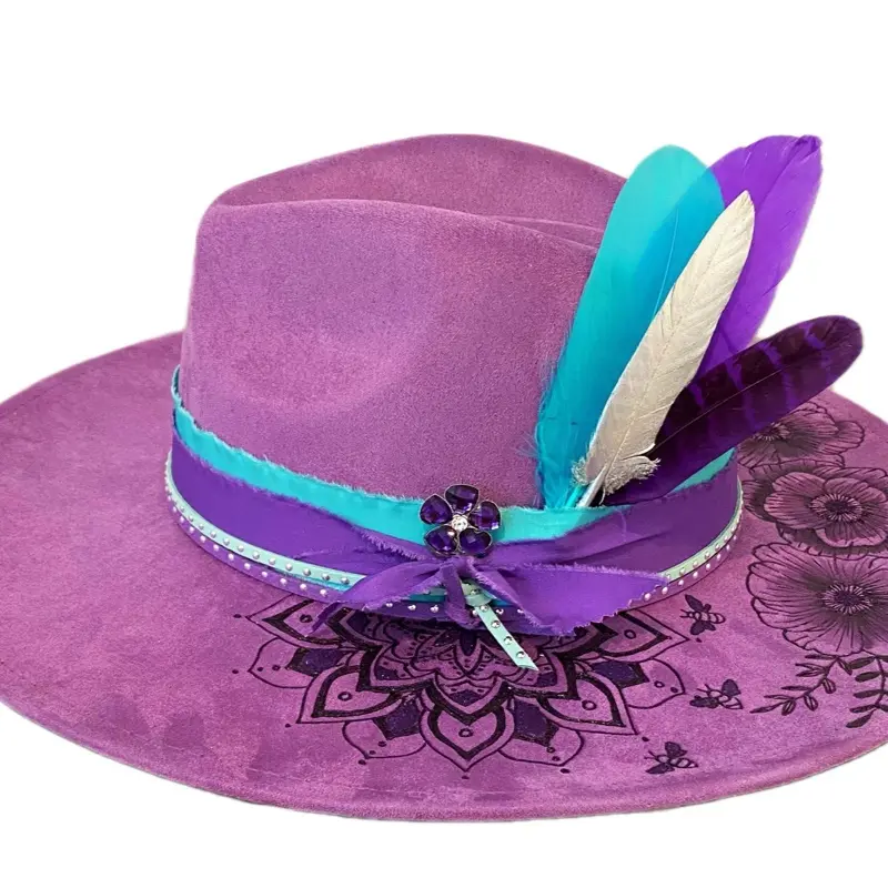 Purple Boho Mandala and Flowers Wide Brim Hat with Colorful  display picture 3