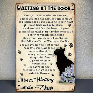 Vintage Wooden Pet Memorial Wall Titled 'Waiting at The Door', Suitable for Both Indoor And Decoration, Featuring an Adorable Cat Memorial