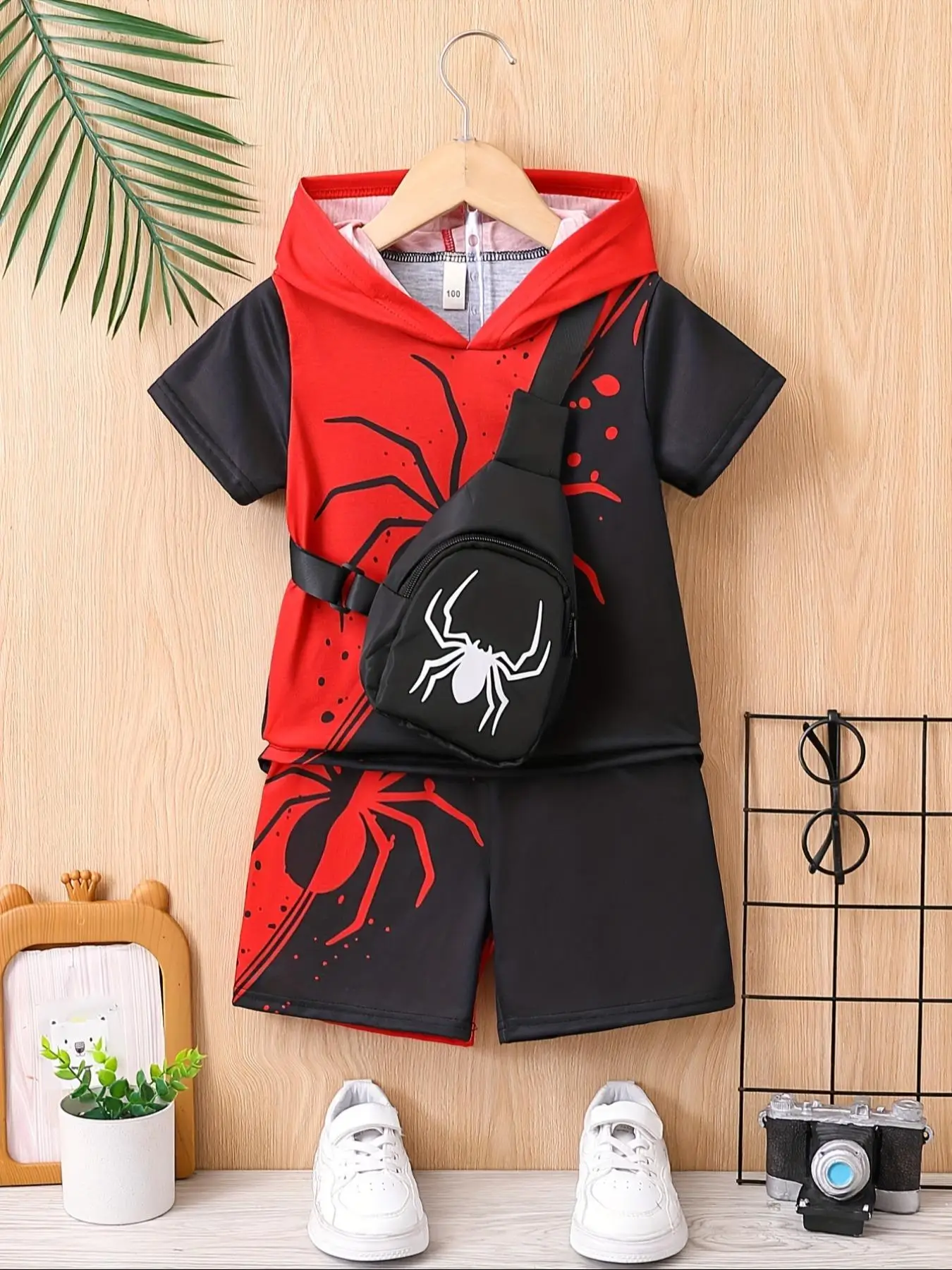 Three-Piece Set Toddler Boy's Spider Print Hoodie & Sweatpants & Fanny Pack Set, Casual Hooded Sweatshirt & Elastic Waist Pants & Chest Bag, Summer Cl