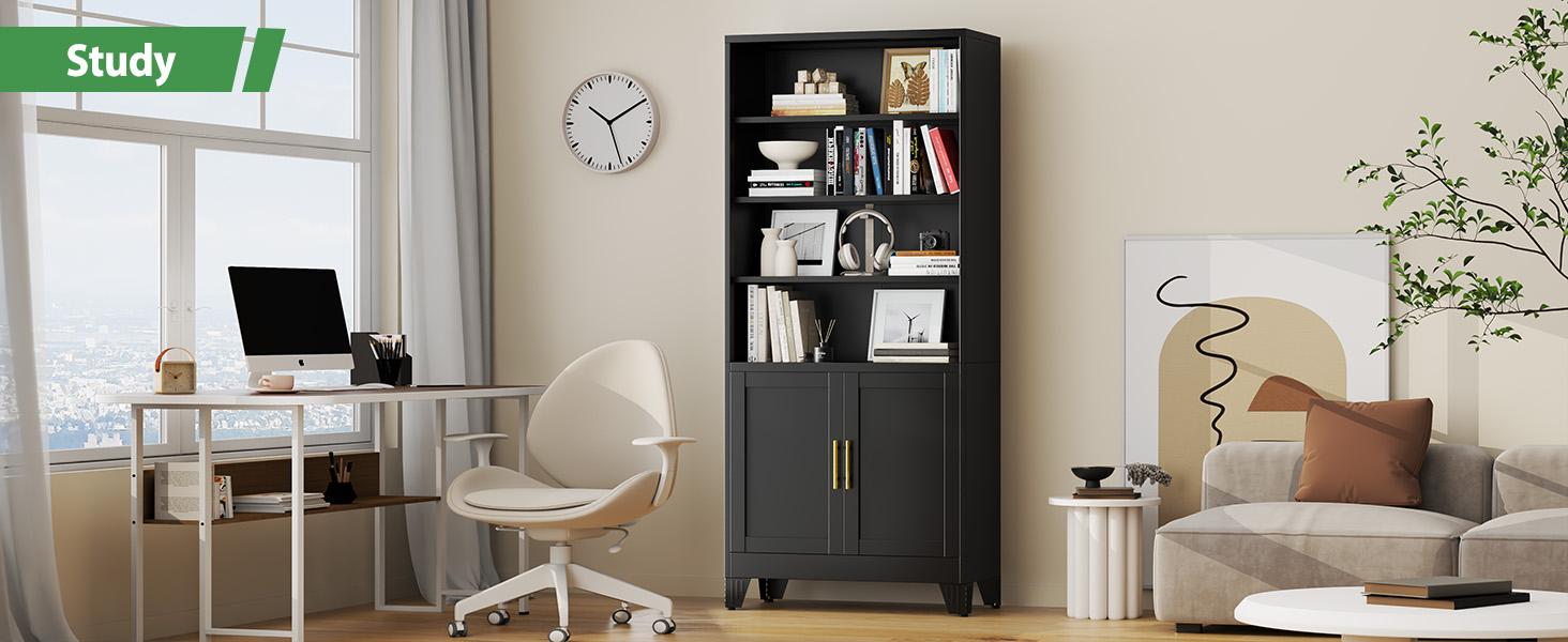 71" Tall White Metal Storage Cabinet – 4 Adjustable Shelves + Doors – Bookcase for Study, Office, Bedroom