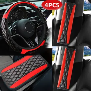 4Pcs/set Crystal Carbon Fiber Leather Auto Parts Set, Car Interior Kit, Retractable Embossed Steering Wheel Cover, Shoulder Pad, Armrest Pad