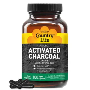 Country Life Coconut Activated Charcoal Capsules, 260mg – Natural Charcoal Supplement for Gas and Bloating Relief - Gluten-Free, 100 Vegan Capsules