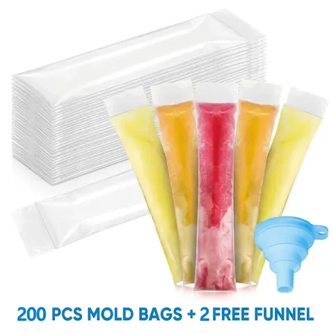 Kitchenware Rectangular Freezer Safe Storage Containers - 200/100 Pack BPA-Free Food-Grade Leakproof Popsicle Bags with Double Seals, Collapsible Silicone Funnel for Homemade Treats, Smoothies