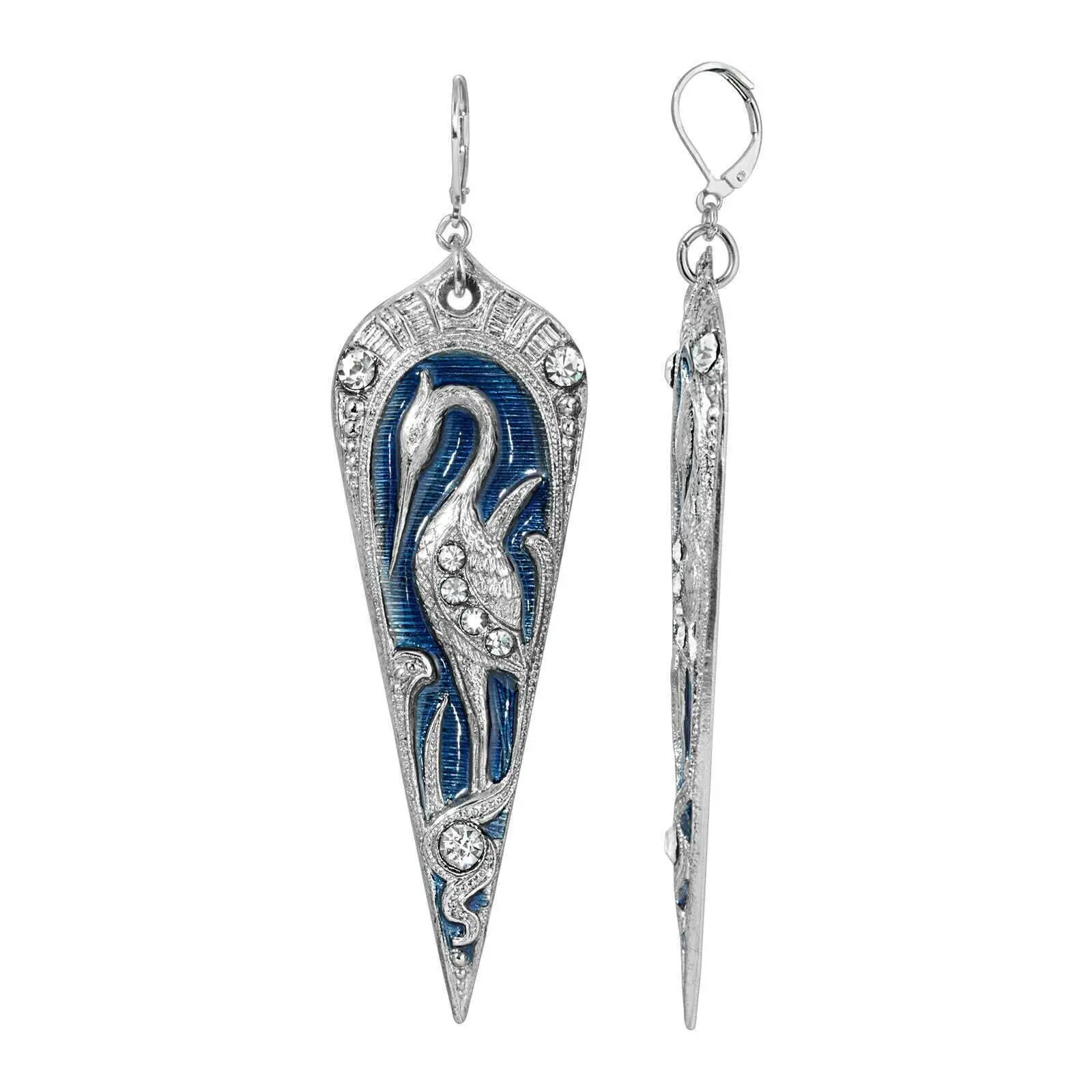 Deco Crane Blue Enamel Crystal Drop Earrings