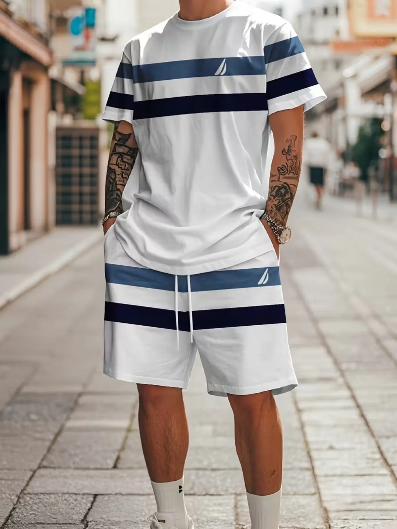 Men's Casual Loose Fit Short Sleeve Tee Set, Matching, Menswear All-Over Printed Striped Stripe Summer, Perfect for Parties & Daily Wear, Pack of Two