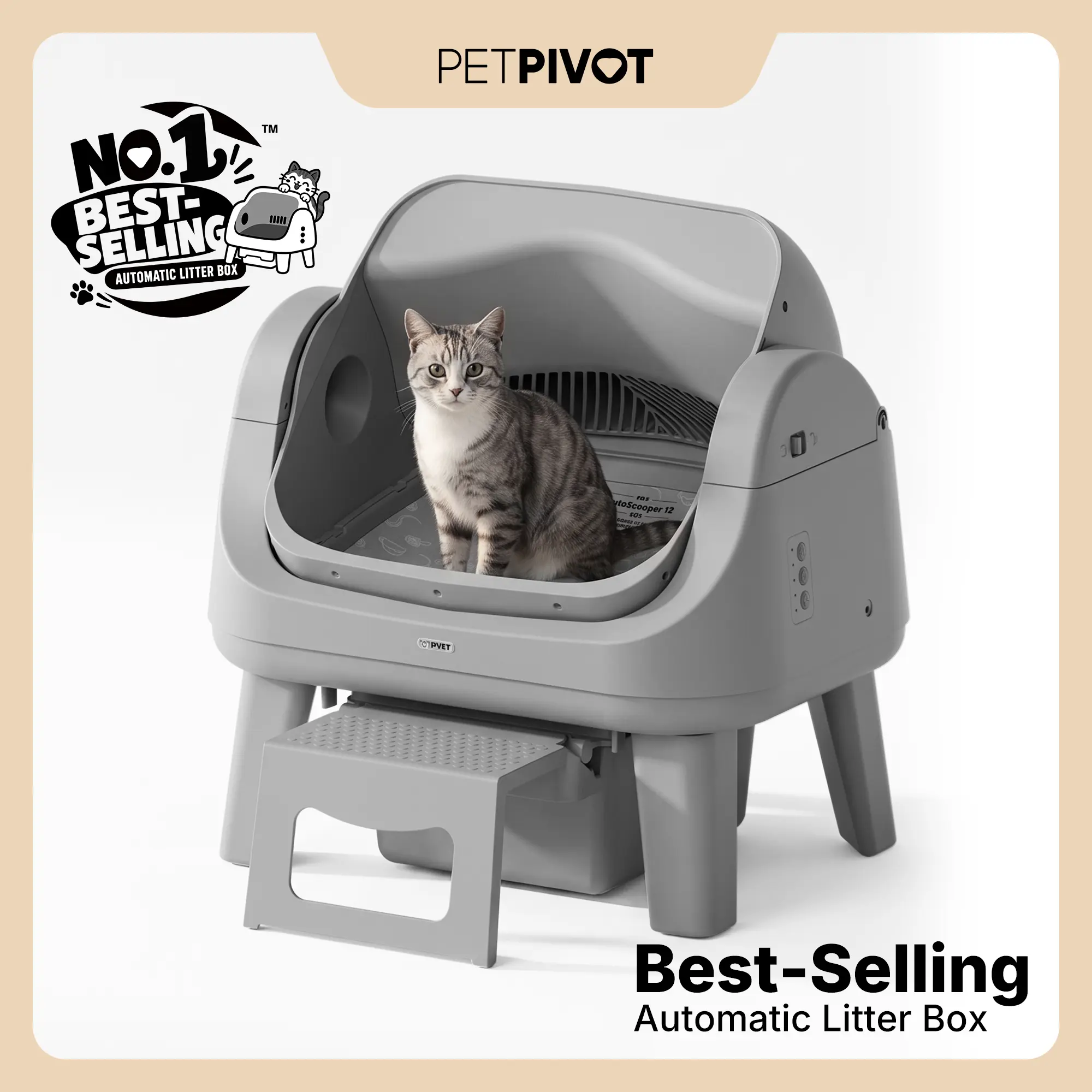 PetPivot AutoScooper 12 Lite Open-Top Automatic Self-Cleaning Cat Litter Box, Easy-Entry Front Step, Triple Safety Protection, No App Required,SohoChic