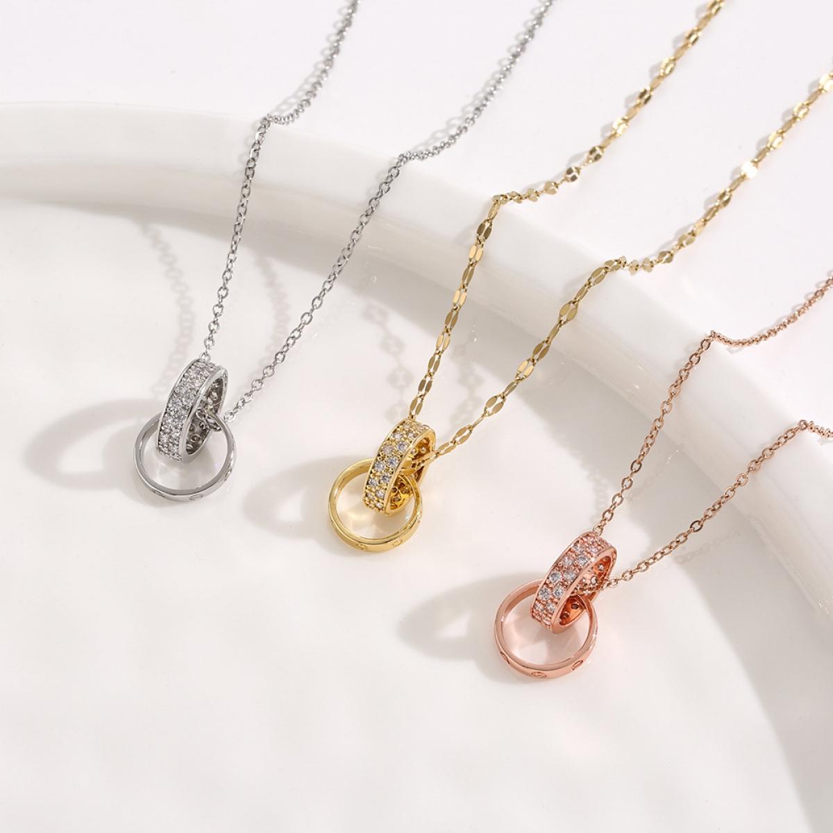 Elegant Interlocking Double Ring Pendant Necklace, Sparkling Pavé Design Dainty Chain, Timeless Everyday Wear Accessory for Women, Perfect for Office, Date Night, Layering, Ideal Birthday Anniversary Gift for Her