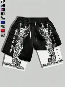Men's Skull Print Double Layer Drawstring Waist Shorts, Regular Fit Casual Comfy Track Shorts for Summer, Men's Bottoms for Daily Wear