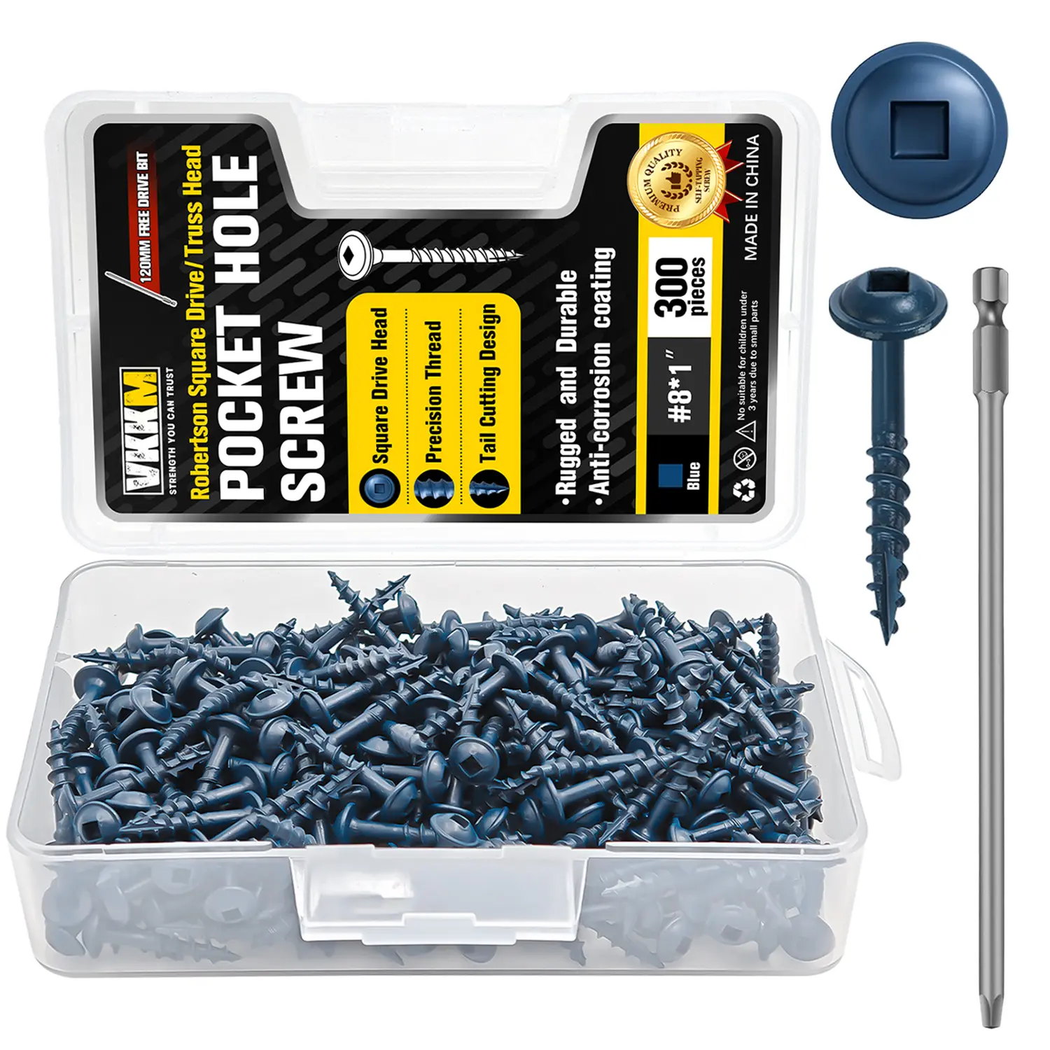 VKKM Carbon Steel Anti-Rust Blue Square Drive Self-Tapping Screws Bulk Pack (#8x1"/##8X2''"), 150pcs/300pcs Sets with Free Matching Square Bit, Prevents Stripping & Pilot Hole Drilling for Wood, Decks & Floors, Shed & Log Cabin Maintenance (DIY Users)