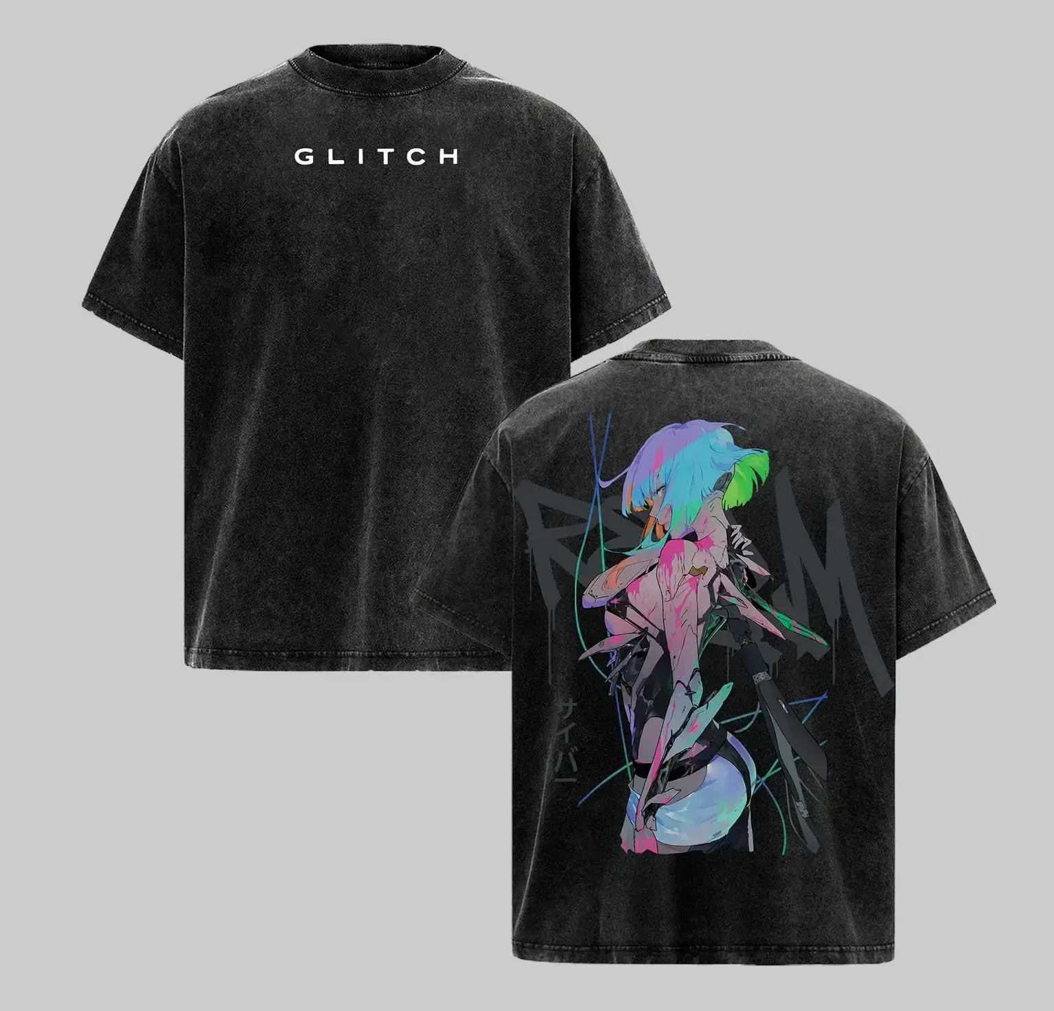 Women's Casual Shortsleeve Baggy Lucy Cyberpunk Edgerunners Glitch Graphic Tee - Neon Aesthetic Vintage Washed Drape Oversized T-Shirt, Futuristic Manga Streetwear, Anime Girl Fan Gift for Day Wear, Loose