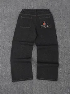 Men's Dark Wash Vintage Y2K Style Loose Fit Embroidered Denim Jeans, Small Fish Embroidery Straight Leg Street Fashion, Hip Hop Boyfriend Jeans for All Seasons