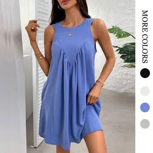 Women's Vacation Sleeveless Mini Dress Casual Crew Neck Tank Dress Flowy Beach Petite Sundress with Pockets Summer Womenswear Crewneck