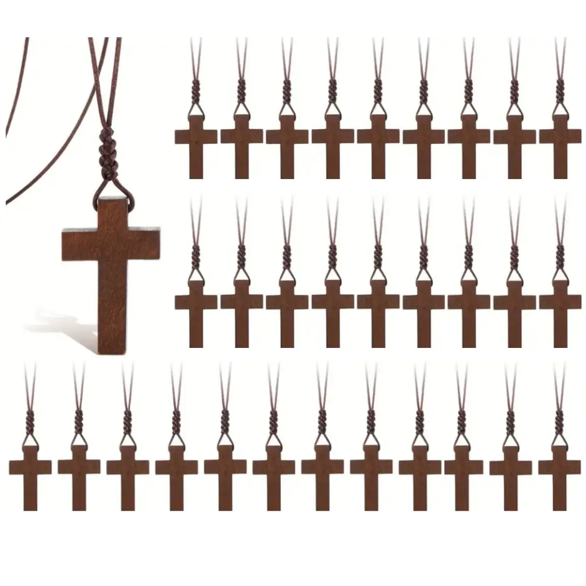 30pcs Natural Walnut Wood Cross Necklace for Men & Women - Small Wood Cross Pendant Necklace for Car Mirror - Wooden Religious Pendant Jewelry