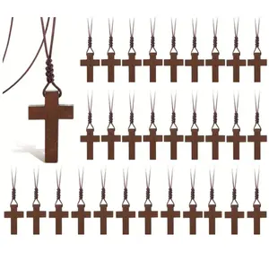 30pcs Natural Walnut Wood Cross Necklace for Men & Women - Small Wood Cross Pendant Necklace for Car Mirror - Wooden Religious Pendant Jewelry