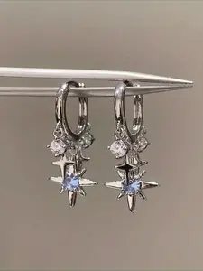 2pcs Star-Shaped Dangle Earrings with Blue Faux Gemstones - Vintage-Inspired Fashion Jewelry, Ideal for Christmas, Halloween, Mother'S Day & Girlfriend Gifts, Cute Earrings, Statement Earrings, for Teenager