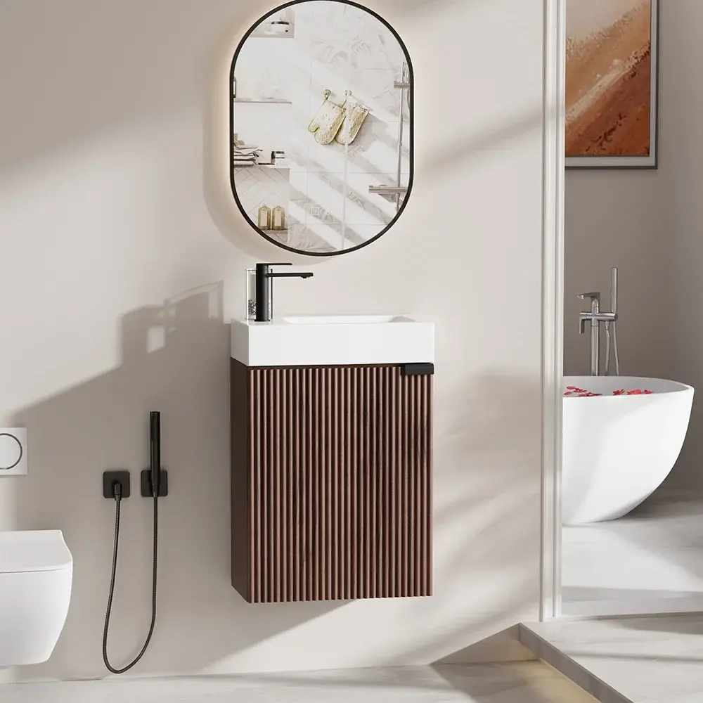 16" Wall-Mounted Bathroom Vanity with Sink Combo, Wooden Storage Cabinet with Soft-Closing Door, Adjustable Shelf & Drain Assembly, Space-Saving for Small Bathroom & Toilet HUONA
