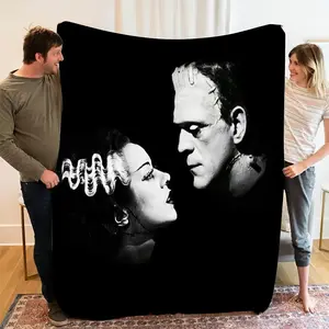 Frankenstein and Bride Monster Horror Romance Flannel Blanket - Soft Throw Bedspread with Black & White Classic Movie Design - All-Season Use for Couch Bed Picnic Cover - Perfect Halloween Christmas Gift for Horror Fans - 280GSM