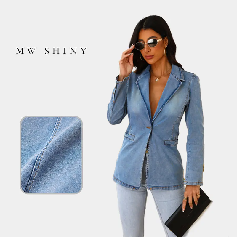 Women's Fitted Shiny Stretch Denim Jacket - Lightweight V-Neck Long Sleeve Slim Outerwear, Minimalist Single-Button Layering Top for Office Ootd, Hang-Dry Jean Coat