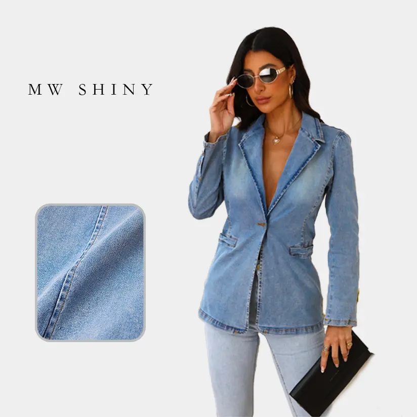 Women's Shiny Stretch Denim Jacket, Lightweight Fitted V-Neck Outerwear, Minimalist Single Button Top for Layering Outfits, Tops, Coats, Long Sleeve, Slim Fit, Blouse, Jean Jacket, Hang Dry, Office Ootd, Work