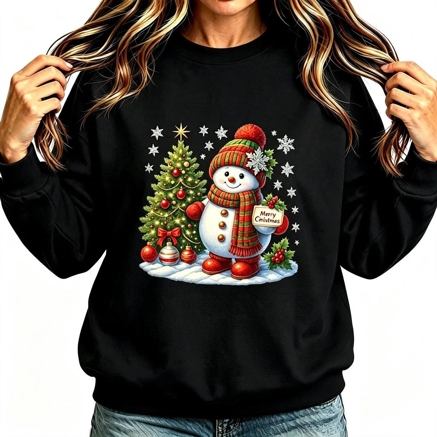 Classic Snowman Christmas Tree Merry Christmas Letter Print Snowflake Holly Winter Xmas Crew Neck Sweatshirt Casual Holiday Pullover Top