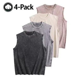 4-Piece Retro Men's Washed Vest Summer Casual T-Shirt Vacation Crew Neck Retro Vest Women's Short Sleeve Top T-Shirt Crew Neck Loose Pullover Vest Sleeveless