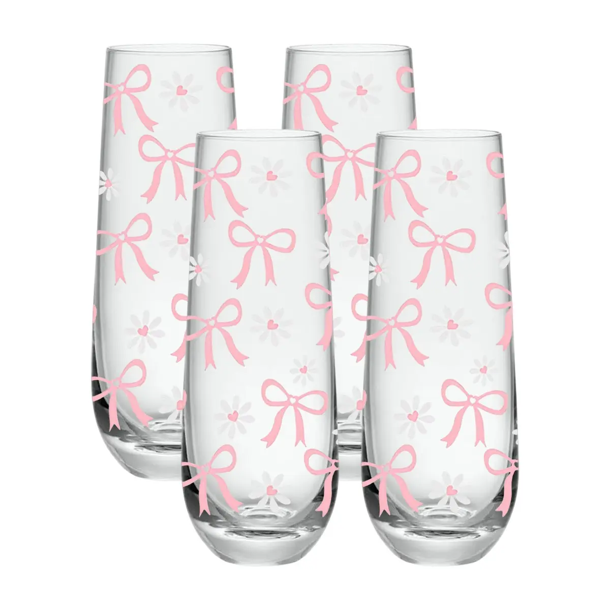 1/4 Pack Daisy&Bow Pattern Stemless Champagne Flutes, 8oz Champagne Flutes, Prosecco Glasses, Mimosa Glasses, Perfect Housewarming Gift, Stylish Drinkware, Premium Drinking Glasses, Drinking Glassware, Durable Glassware