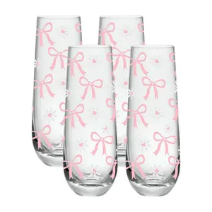 1/4 Pack Daisy&Bow Pattern Stemless Champagne Flutes, 8oz Champagne Flutes, Prosecco Glasses, Mimosa Glasses, Perfect Housewarming Gift