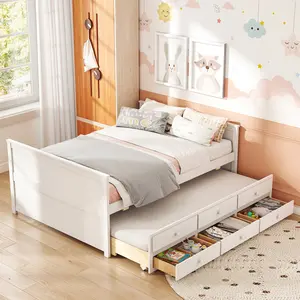 COSTWAY - Full Size Bed Frame with Twin Trundle and 3 Storage Drawers for Teens Adults-White