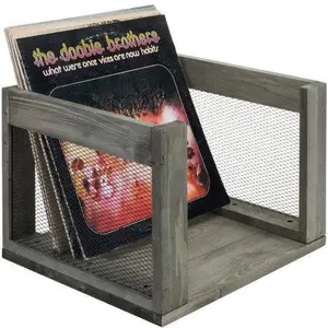 Gray Wood Vinyl Storage Organizer w/ Mesh Wire