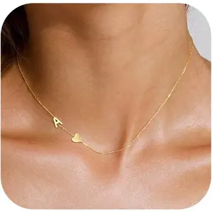 Dainty Gold Initial Necklaces for Women,14k Gold Plated Sideways Letter Necklace Personalized A-Z Name Heart Choker Necklace Tiny Cute Monogram Necklace Jewelry Gift