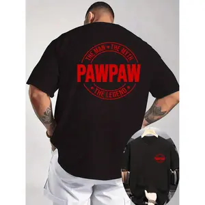 Plus Size Men's Black T-Shirt with Bold Red "PAWPAW" and "THE MAN THE MYTH THE LEGEND" Graphic Casual Crew Neck Statement Tee