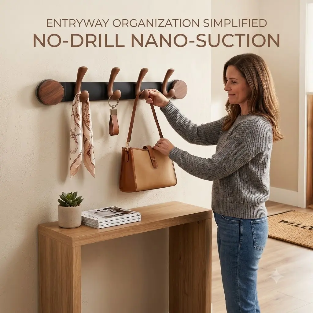 No-Drill Mid-Century Matte Black Vacuum Suction Hook Bar Organiser - 1 Premium 4-Hook Walnut-Grained 1.33in Heavy-Duty Convenient Wall Organiser for Apartment Entryway, 100% Waterproof Coat & Towel Holder