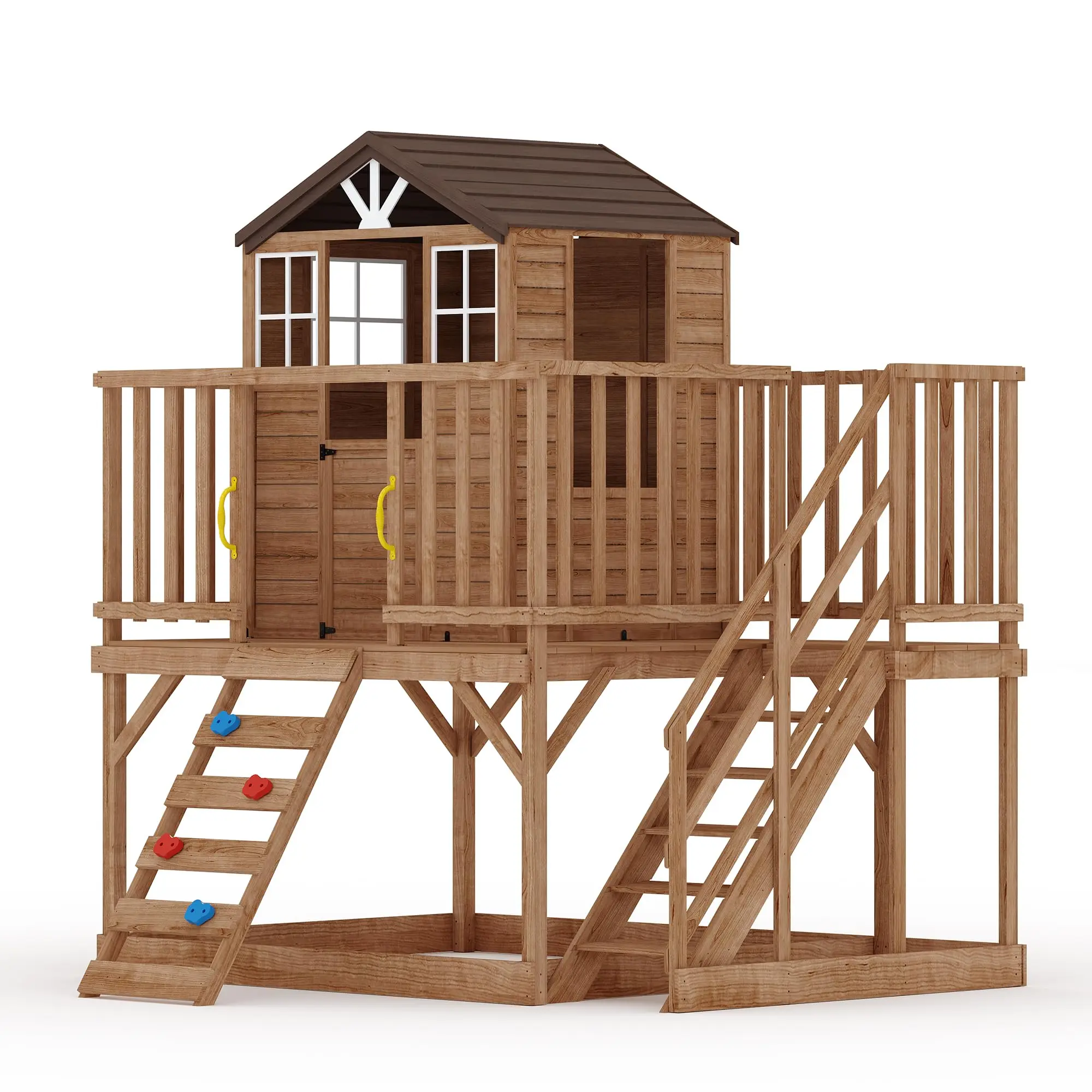 2 Story Wooden Playhouse with Climbing Wall, Outdoor Wooden Playhouse with Step Ladder, Elevated Modern Cedar Playhouses Kids