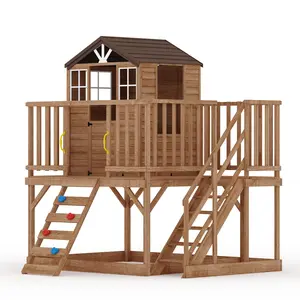 2 Story Wooden Playhouse with Climbing Wall, Outdoor Wooden Playhouse with Step Ladder, Elevated Modern Cedar Playhouses Kids