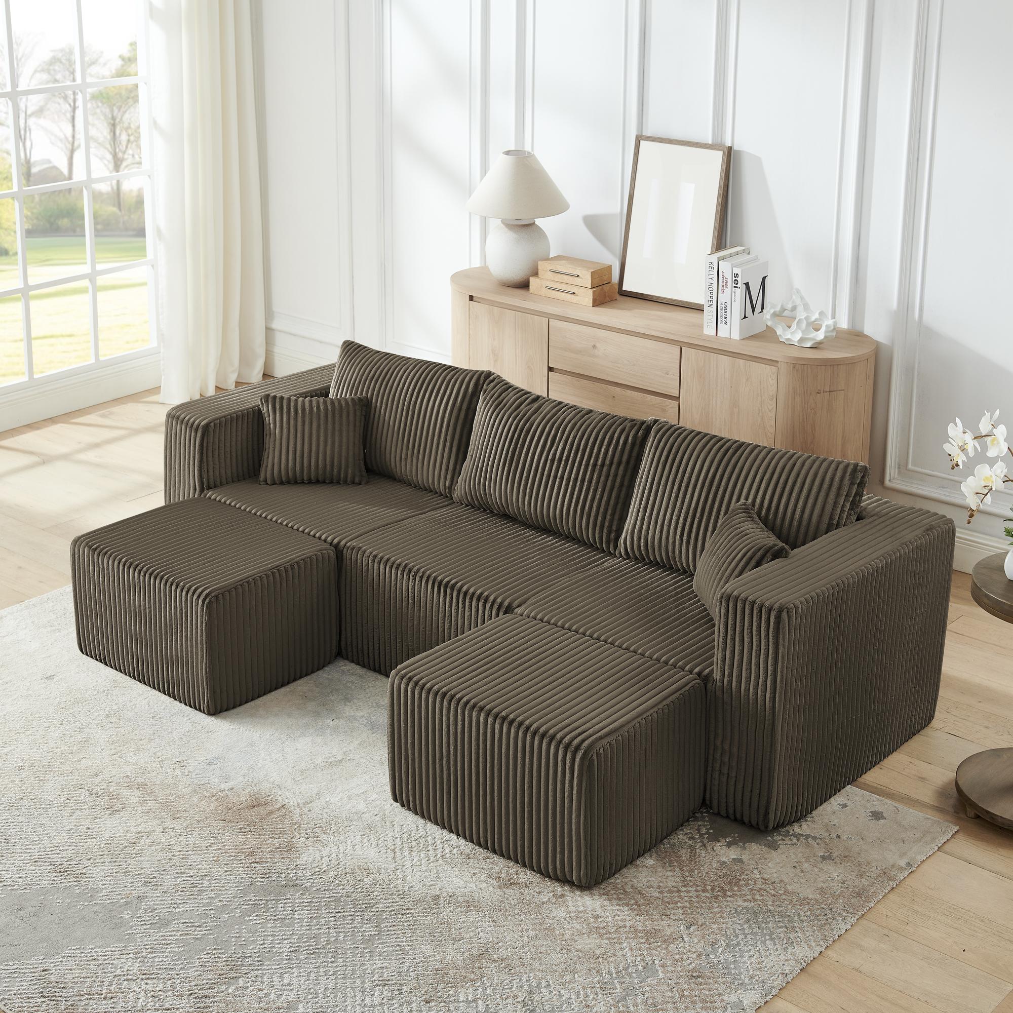 Niccae Small-Scale U-Shaped Compact Modular Sectional Sofa — Textured Corduroy Fabric, Modern Minimalist Style, Ultimate Comfort, Space-Saving, No Assembly Required, Convertible to Bed, Living Room Sofa
