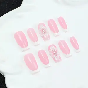 10 square handmade nail tips, Y2K Baddie style, carved, diamond studded, nude, milky white, French edge design, Flower nails, suitable for women's nail stickers, shiny nails for parties, weddings, including toolkits, and a gift for nail products