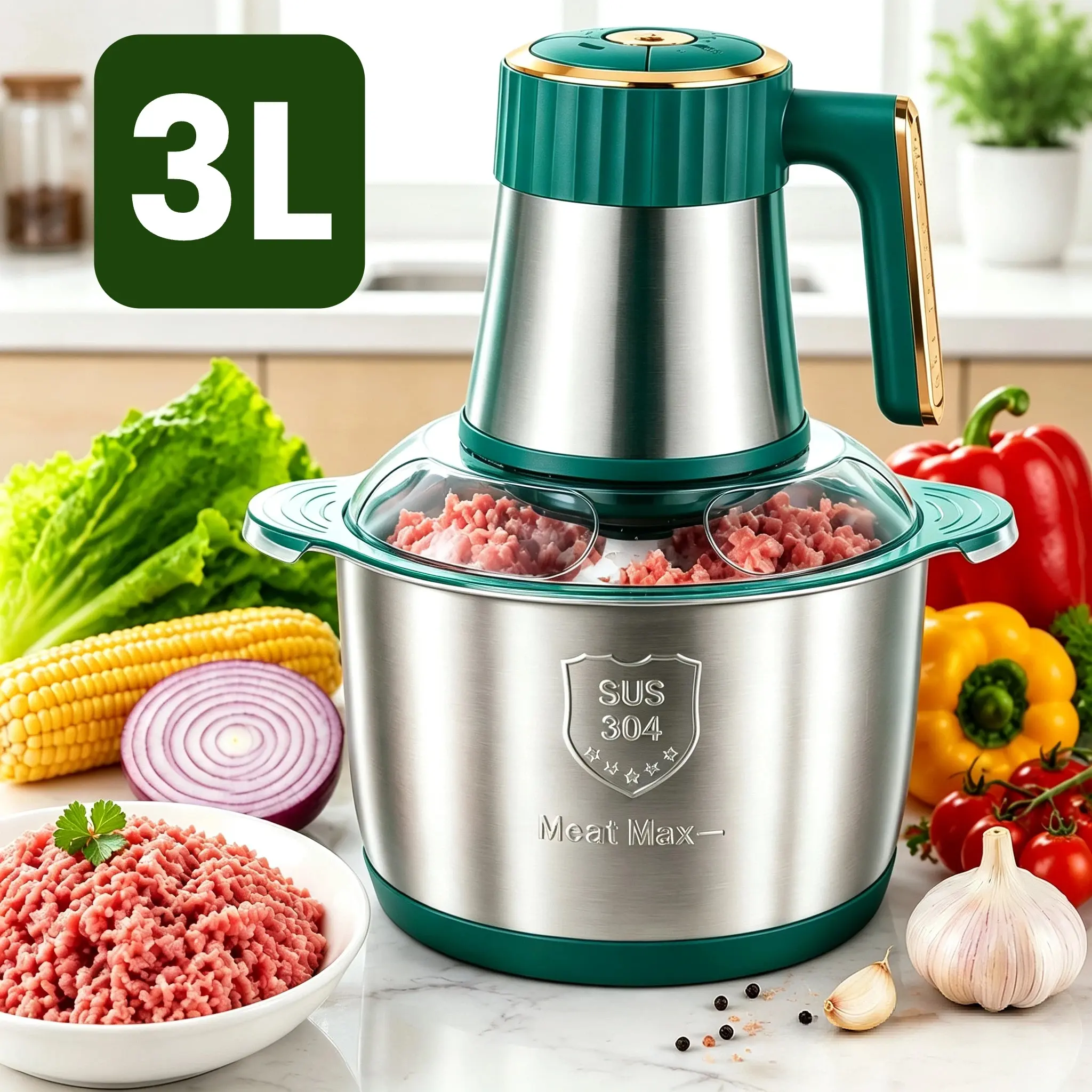 Electric Food Chopper, 3L Stainless Steel Meat Grinder 500W 5‑Speed Multifunctional Food Processor for Holiday Meal Prep, Halloween & Christmas Party Cooking, Quick Mincing Chopping Mixing Juicing
