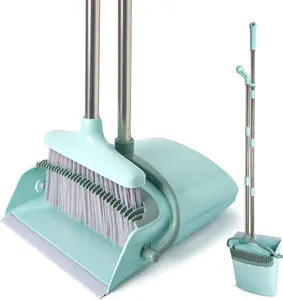 Broom and Dustpan Set with Cleaning Teeth, 55" Long Handle Indoor Sweeping Combo for Home Office Kitchen, Bluish Green