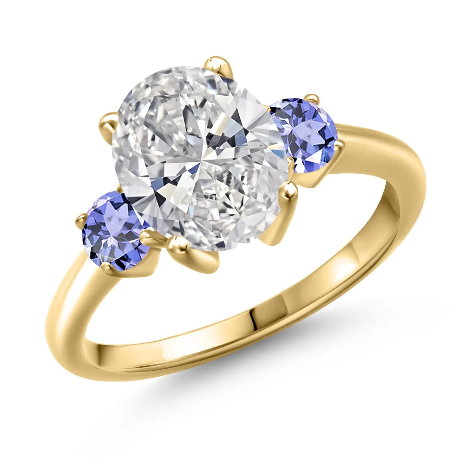 2.60 cttw IGI Certified Lab Grown Diamond and Blue Tanzanite 3-Stone Engagement Ring For Women | 18K Yellow Gold Plated Silver | Center 2.00 Ct Diamond | D-E Color | VS1-VS2 Clarity