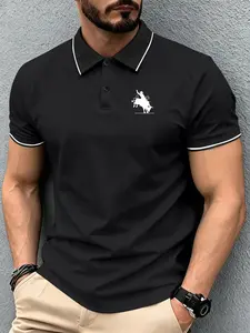 Men’s summer cotton short-sleeve polo shirt with bullfighter print, classic retro style; lightweight, versatile athletic casual outdoor fashion golf apparel; trendy black short-sleeve design—an ideal gift for husband or brother.