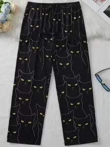 Men's Cat Pattern Sleep Pants, Casual Home Wear, Polyester Blend Material, Comfortable Spring & Fall Pajamas, Faux Drawstring Waist