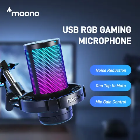 MAONO DGM20S Wired Adjustable Noise-Canceling Game Live Streaming USB Microphone Kit with Boom Arm, RGB-Muted Setup, Mobile Live Streaming Equipment Compatible with PCs, Android Smartphones