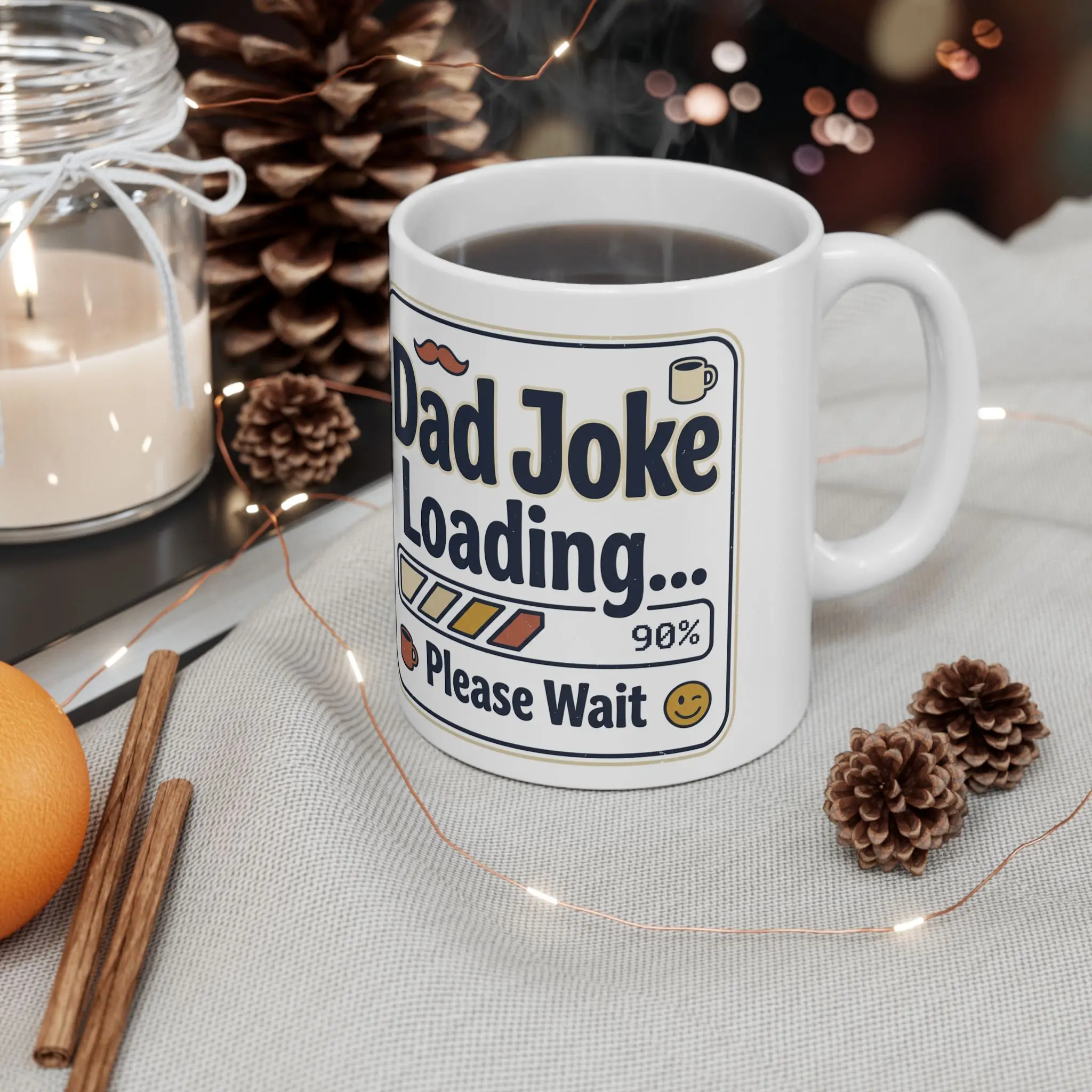 11oz Reusable Glossy Ceramic Dad Joke Loading Mug, Funny Coffee Cup with Loading Bar, Playful Icons