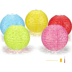 5Pack Chinese Lunar New Year Decorations 2026 Paper Lanterns with Lights Chinese Japanese Hanging Paper Lanterns with LED Sticks Tassels 8 Inch for Spring Festival Valentine's Day Party Decor